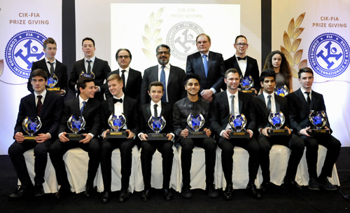 THE 2014 KART CHAMPIONS WITH THE CIK-FIA PRESIDENT SHAIK ABDULLA BIN ISA AL KHALIFA (CENTRE), NEXT TO THE VICE PRESIDENT KEES VAN DE GRINT (ON HIS LEFT) AND THE PROMOTER LUCA DE DONNO