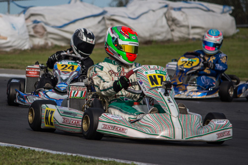 Palmerston North karter Jacob Cranston (#NZ) leads Cameron Spargo and Maddy Stewart at the Hawke's Bay round of the 2014/15 Bayleys WPKA Goldstar series