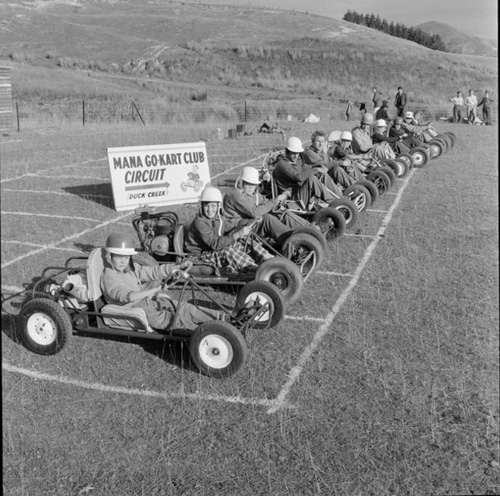 "High-wheelers" lined up at the Duck Creek circuit near Wellington in May 1960. Several will be running in a Parade class this weekend