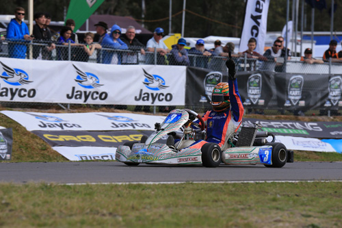 Zane Morse crossing the line for victory in KF3