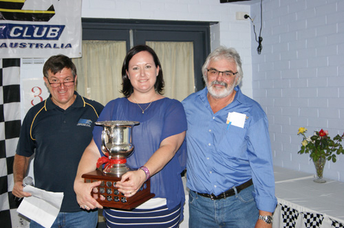 TKC's 2015 Club Member of the Year, Yasmin Mitchell, flanked by club treasurer Roy Tester (left) and President John Wishart tiger kart club 2015 presentation