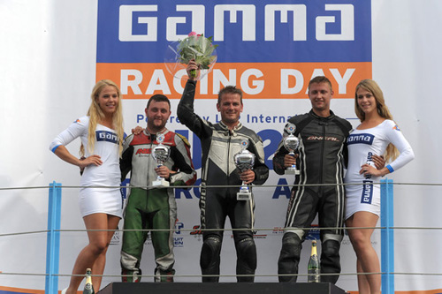 Race 1 podium (L to R) Liam Morley (GBR), Marcel Maasmann (NLD) & Peter Elkmann (DEU) 