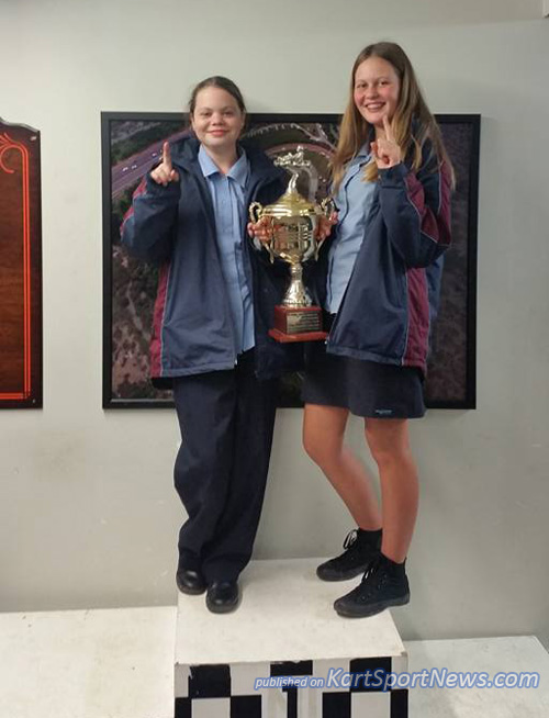 Auckland Schools' Karting Championship Secondary Schools' award winners for Waitakere College, Jordyn Wallace and Sophie Bone 