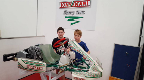 Jackson Rooney (left) and Liam Sceats with a new Cadet 12-spec Vortex ROK-engined Tony Kart