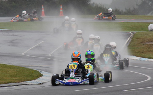 Action from the first round of this year's CRC Speedshow Top Half Series at Tokoroa last month with Asten Addy (#13) and Connor Davison (#3) leading a group in a wet Vortex Mini ROK heat