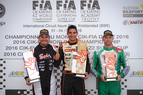 Podium of the 2016 CIK-FIA World KZ Championship (left to right) Anthony Abbasse (FRA), Paolo De Conto (ITA) & Marco Ardigo (ITA) 