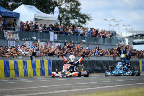The winning Sarthe RTKF1 team kart crosses the line after a gruelling 24-hours in France