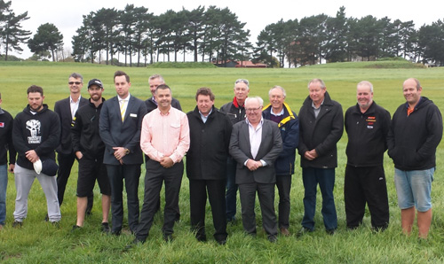 Members of New Zealand's KartSport fraternity gather for a group photo at the site of the new track at Colin Dale Park, near Auckland International Airport 