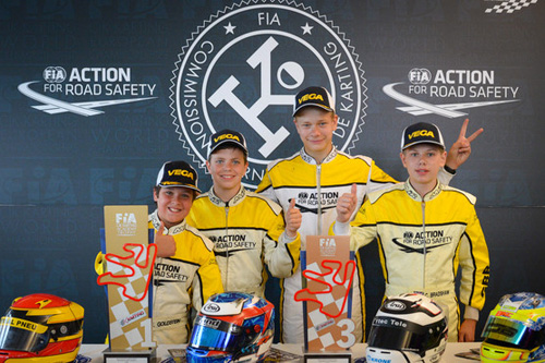 Podium of the 2016 CIK-FIA Karting Academy Trophy (left to right): Elie Goldstein (BEL), Kas Haverkort (NLD), Alfred Nilsson (SWE) & Callum Bradshaw (GBR) 