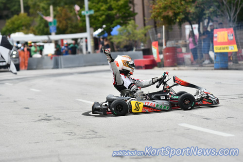 Remo Ruscitti, Italkart driver from British Columbia, Canada, won the King of the Streets open shifter class at the Xtream Rock Island Grand Prix powered by Mediacom, and left a rubber donut on the street during his celebration