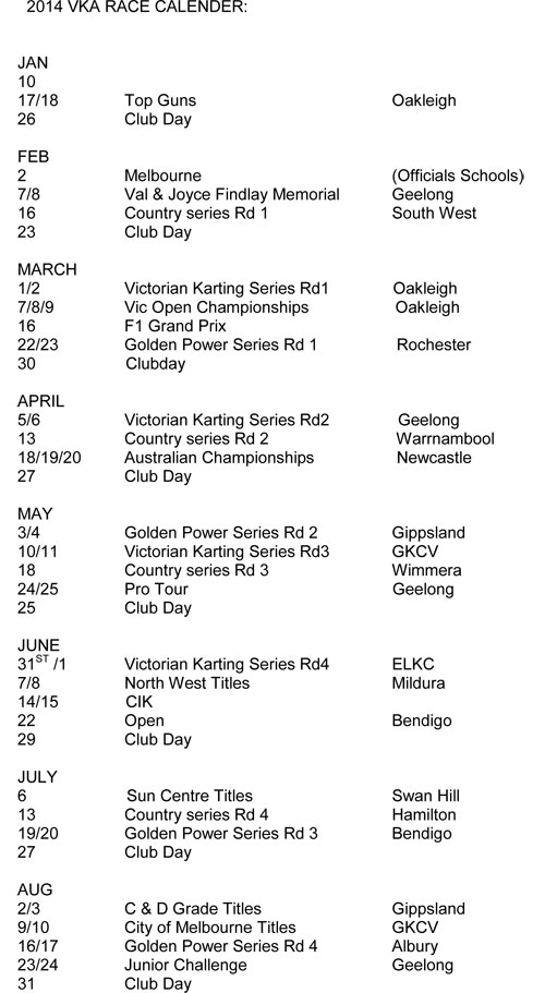 vka karting calendar 2014
