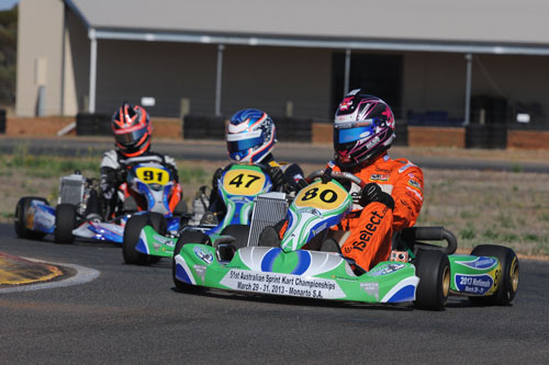 Scott Pye leading Tim Slade and Nick Percat at the Monarto Karting Complex. Pye rates the Monarto Karting Complex as one of the best he's seen in the country