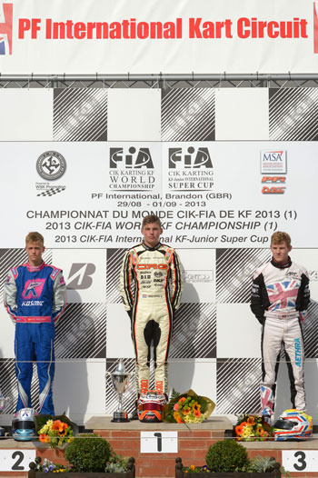 Podium of the 2013 CIK-FIA World KF Championship (Round 1) Final with from left to right: Nicklas Nielsen (DNK), Max Verstappen (NLD) & Ben Hanley (GBR)