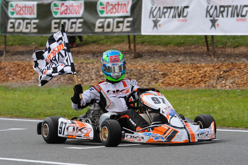 Liam on his victory lap after claiming the 2013 Pro Junior KFJ National Championship at the CIK Stars of Karting Series at Todd Road, Melbourne