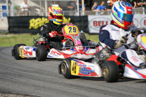 Carnival of Karts was Pierce Lehane's first time in a gearbox kart, driving for Patrizi Corse. Here Lehane (29) shadows Jared Bishop
