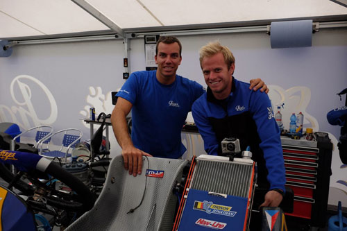 New Praga signing Jonathan Thonon (left) was 7th in the KZ2 final, here with Kiwi mechanic, Josh Hart