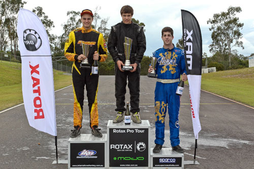 Rotax Light Podium (L – R) Daniel Rochford 2nd, Pierce Lehane 1st, Daniel Kinsman NZ 3rd