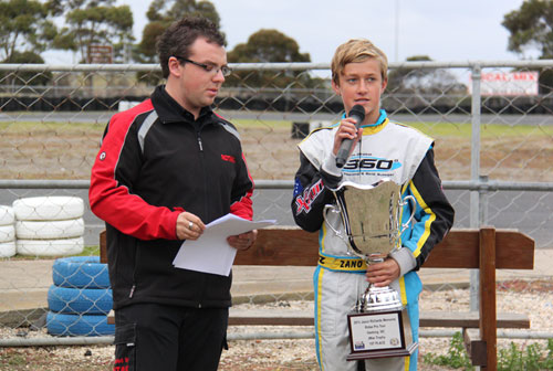 Victory speech from Jnr Trophy winner Zane Goddard as series commentator Liam Meegan waits to get the microphone back!