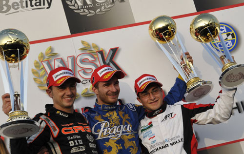 KZ2 podium, Patrik Hajek flanked by Davide Forè (left) and Mirko Torsellini