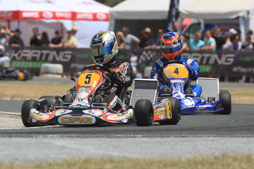 David Fore leading third placed fellow former World Karting Champion Jonathan Thonon in one of the KZ2 races. 