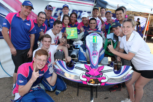 Dimitri Agathos celebrating his win in Clubman Light with the Kosmic Racing Australia team