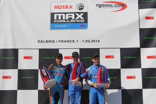 Kiwi karter Marcus Armstrong (right) sharing the podium in France on Sunday with series class winner Thomas Preining (left) and race winner and series runner-up Richard Verschoor