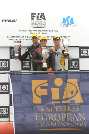 Race 1 podium (left to right) Peter Elkmann (DEU), Emmanuel Vinuales (FRA) & Henrik Lilja (DNK)