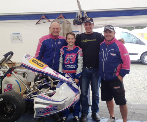 (L to R) Alex Baten (mechanic), Oscar Piastri, Chris Piastri (dad), Frank Cancelli (Ideal Karting Team boss)