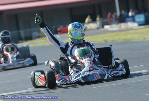 Christchurch driver Matthew Hamilton acknowledging the chequered flag at the first round of this year's SKUSA Pro Tour In Texas earlier this year