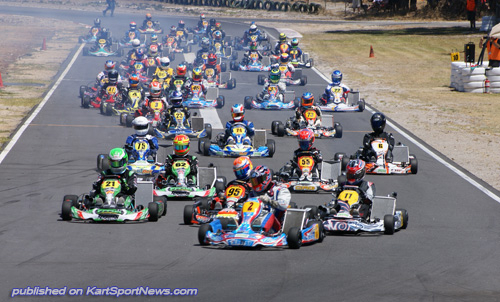 RECORD FIELD – Blake Mills leads the huge 44 kart KZ field away in the first heat of the 2014 WA series