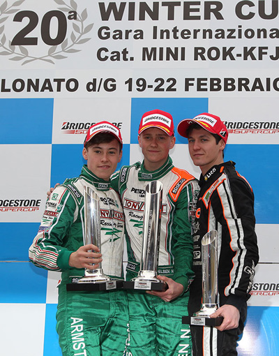 Kiwi Marcus Armstrong (left) on the KF podium with winner Nicklas Nielsen and Felice Tiene