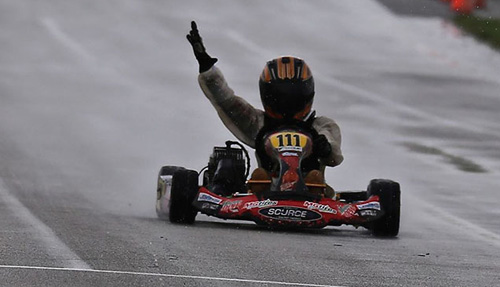 Tristan Farber was the only driver on rain tires, scoring a last lap win in Yamaha Cadet on Sunday