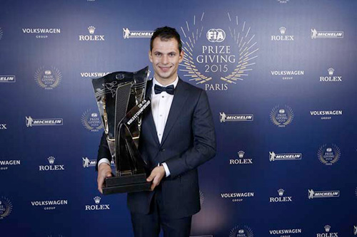Jorrit Pex on the stage of the FIA Prize Giving 2015 in Paris as winner of the KZ World Championship