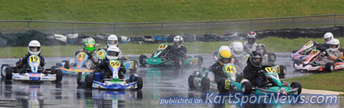 Jack Neill (#15), Ayrton Williams (#46) and a bunch of other MiniROKers battle the conditions at the final round of this year's CRC Speedshow Top Half Series in New Zealand
