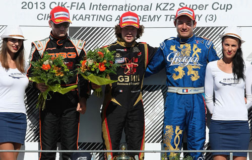 The KZ2 Super Cup podium before Loris Spinelli (left) was penalised 10 seconds (therefore losing second place) for punting Kiwi Daniel Bray out of the lead of the Final. Bray was elevated to third but Spinelli's team has now appealed and the final decision will not be known for another month.
