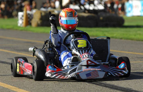 Kiwi karter Daniel Bray after winning the first S1 Pro Stock Moto race at the SKUSA SummerNationals kart meeting in Colorado on Saturday