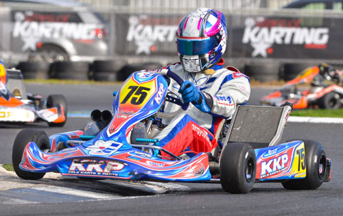 Kel Treseder in action during last weekend's round of the CIK Stars of Karting Series in Victoria
