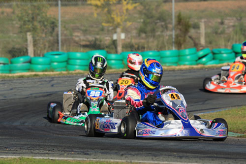 Brenton Mountjoy took pole position and a heat win in Rotax Light, here leading David Sera, Jordie Ford and Brad Jenner