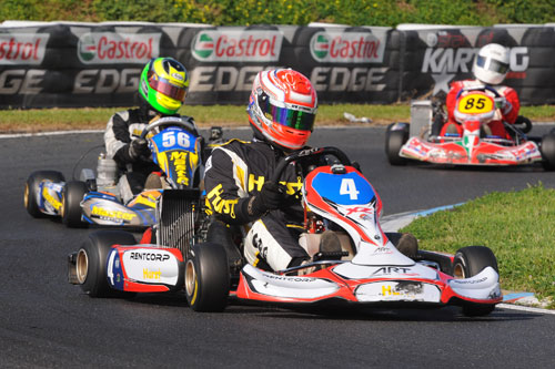 TaG 125 Light winner Aaron Borg leads Master Karting's Dean Foster and Andy Simpson (Birel)