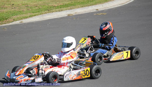 Action from one of the Junior Restricted 100cc Yamaha heats at Rotorua with Liam Lawson (#30) leading Sam Wright (#7)