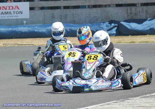 Matthew Harris (#88) Campbell Joyes (#95) and Corey Green (#5) battle for 125cc Rotax Max Light class supremacy at Hamilton on Sunday.