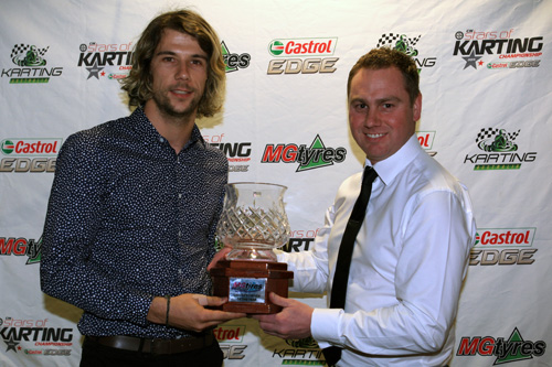 David Sera accepting the MG Tyres Driver's Driver of the Year Award from Bart Price