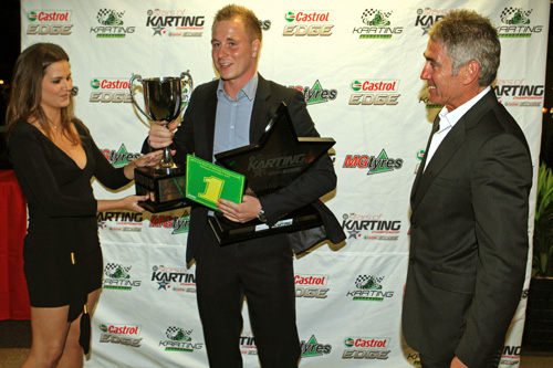 Joey Hanssen receiving his silverware as KZ2 Champion