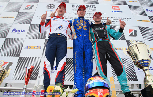 Praga driver Thonon on the KZ podium with Dreezen (Zanardi) and Lammers (Formula K)