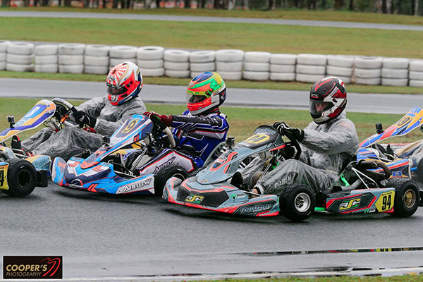 Slip-n-slide in Rotax Light - Reece Cohen (94), Cody Gillis (9), Michael McCulloch (8) (pic - Coopers Photography)